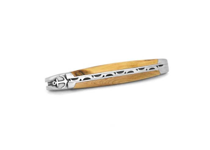 Laguiole knife, 12 cm, anchor motif, olive wood handle