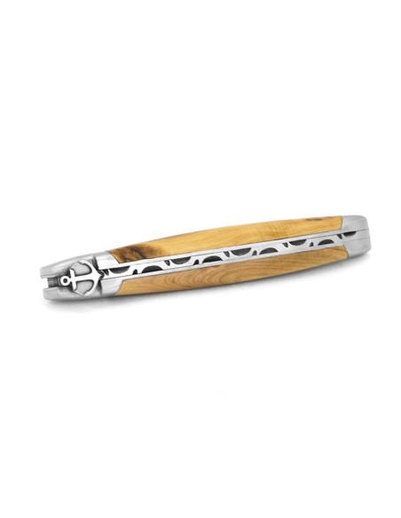 Laguiole knife, 12 cm, anchor motif, olive wood handle