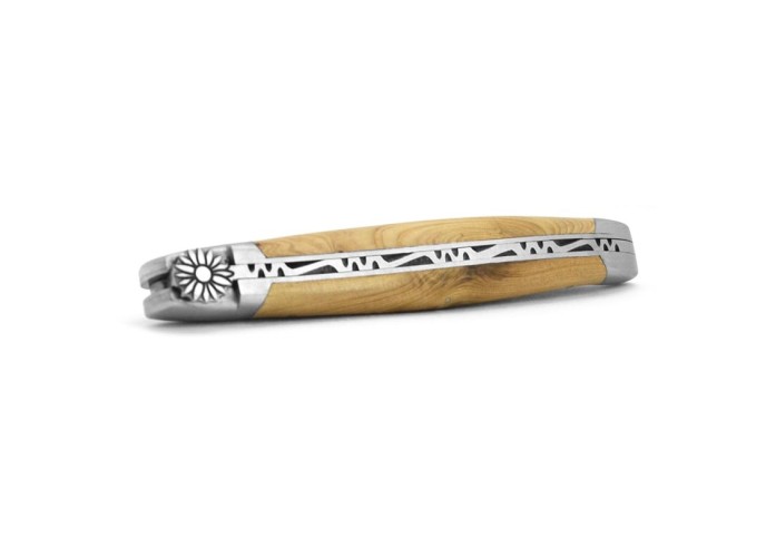 Laguiole 12 cm, motif fleur, manche en olivier finition inox mat
