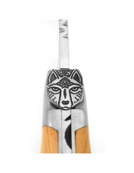Laguiole Klappmesser, 12cm, Wolf-Kopf , Griff aus Olivenholz
