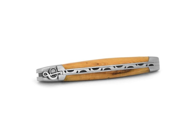 Laguiole pocket knife, 12 cm, treble clef motif, olive wood handle