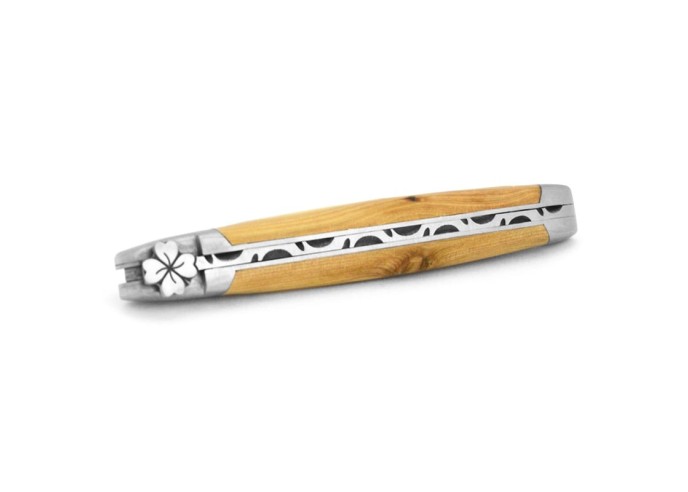 Laguiole pocket knife, 12 cm, shamrock motif, olive wood handle