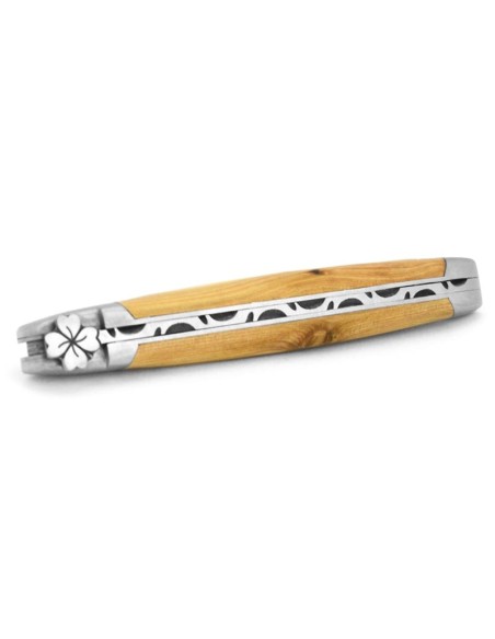 Laguiole 12 cm, motif trèfle, manche en olivier finition inox mat