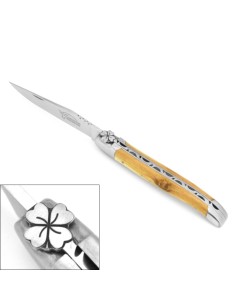 Laguiole Klappmesser, 12cm, Kleeblattmotiv, Griff aus Olivenholz