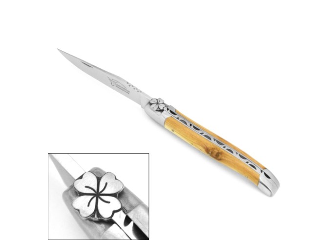 Laguiole pocket knife, 12 cm, shamrock motif, olive wood handle