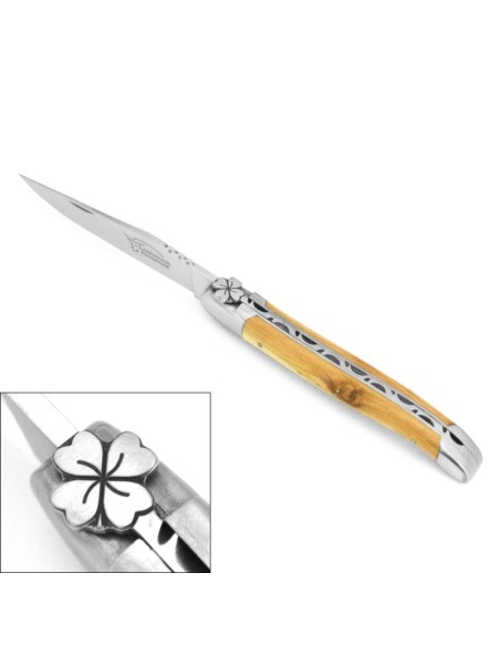 Laguiole Klappmesser, 12cm, Kleeblattmotiv, Griff aus Olivenholz