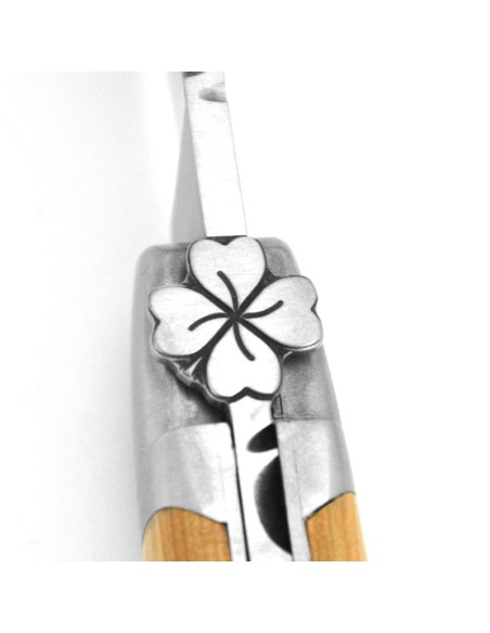 Laguiole pocket knife, 12 cm, shamrock motif, olive wood handle