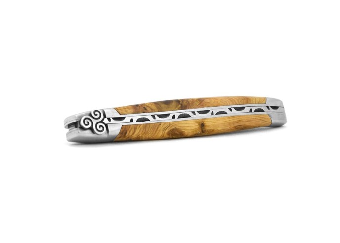 Laguiole knife, 12 cm, triskelion motif, olive wood handle