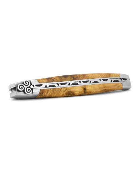Laguiole knife, 12 cm, triskelion motif, olive wood handle