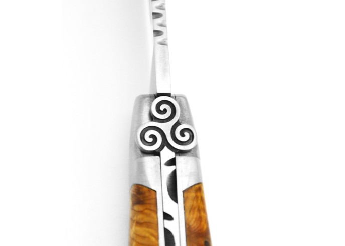 Laguiole knife, 12 cm, triskelion motif, olive wood handle