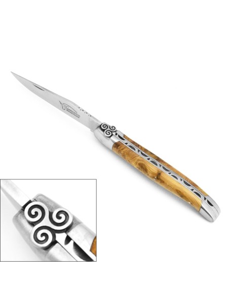 Laguiole knife, 12 cm, triskelion motif, olive wood handle