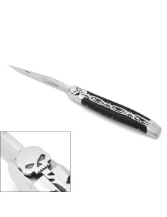 Laguiole 12 cm, tête de mort, doubles platines ciselées, ébène