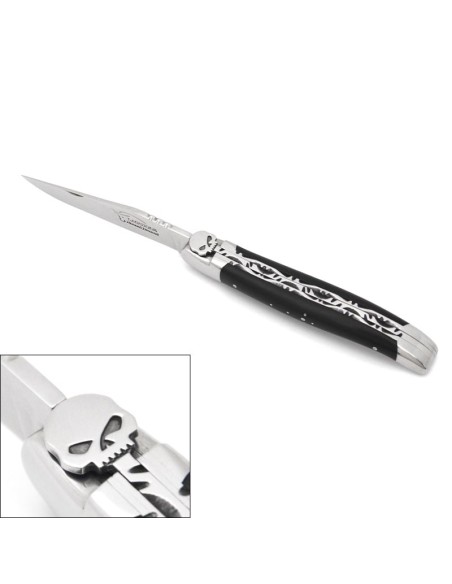 Laguiole 12 cm, tête de mort, doubles platines ciselées, ébène