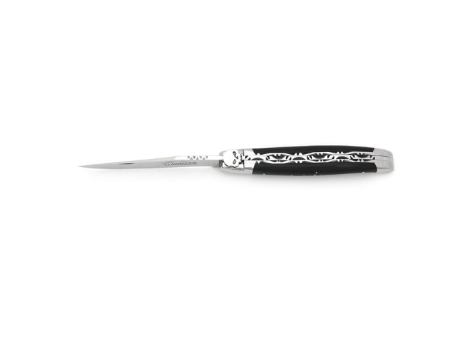 Laguiole 12cm, Schädelkopf, Doppelplatinen, Griff aus Ebenholz