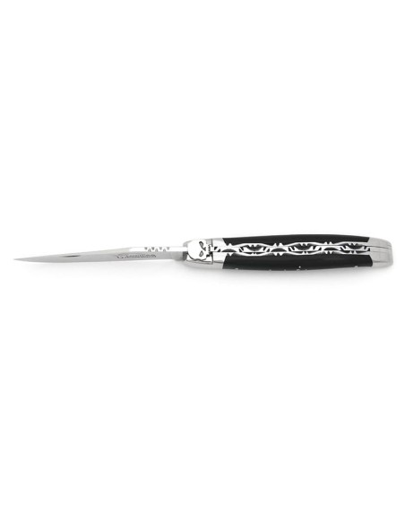 Laguiole 12cm, Schädelkopf, Doppelplatinen, Griff aus Ebenholz