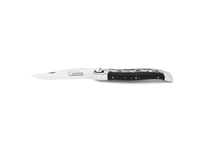 Laguiole 12 cm, tête de mort, doubles platines ciselées, ébène