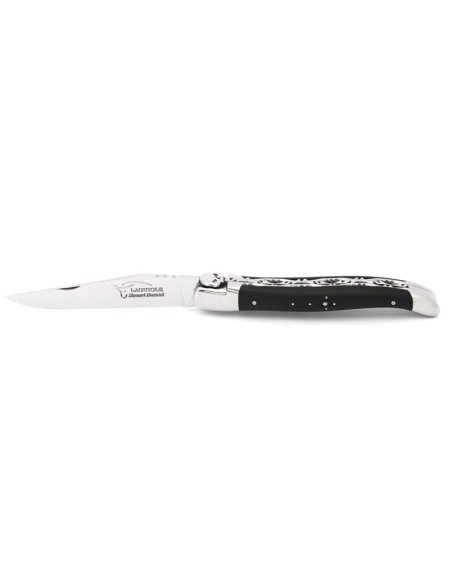 Laguiole 12 cm, tête de mort, doubles platines ciselées, ébène
