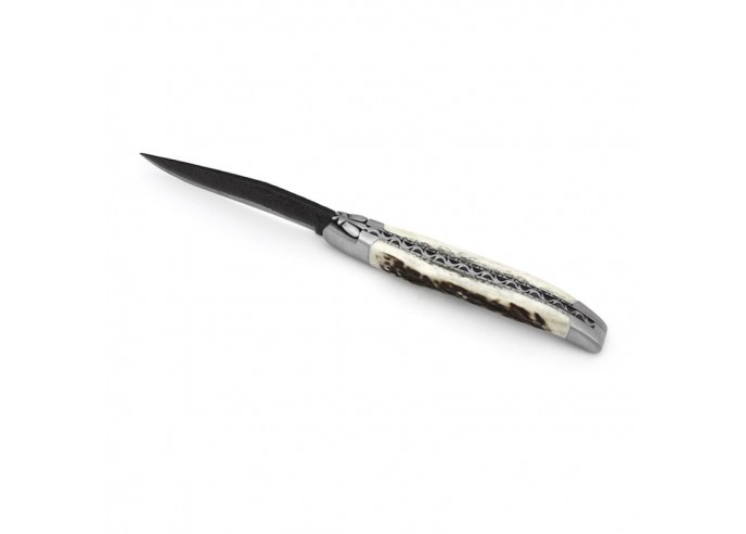 Laguiole pocket knife, 12 cm, brut de forge blade, deer antler handle with matt bolsters