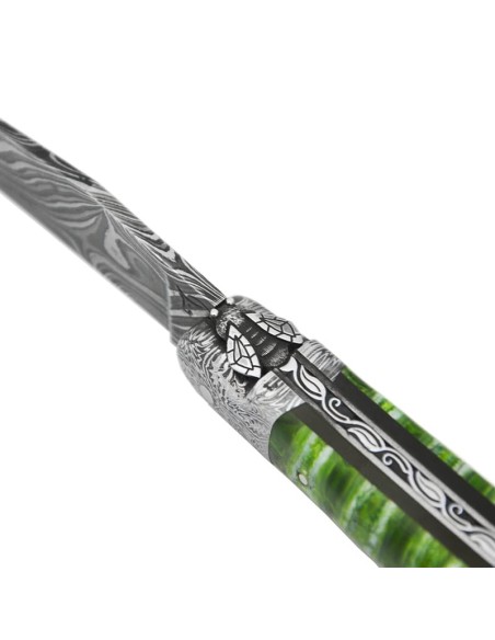Laguiole pliant 12 cm en molaire de mammouth, mitres damas mosaïque, lame Damas sauvage, abeille et ressort ciselés burin