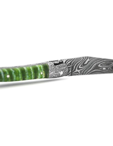 Laguiole pliant 12 cm en molaire de mammouth, mitres damas mosaïque, lame Damas sauvage, abeille et ressort ciselés burin