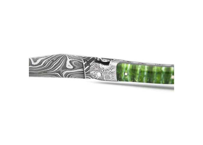 Laguiole pliant 12 cm en molaire de mammouth, mitres damas mosaïque, lame Damas sauvage, abeille et ressort ciselés burin