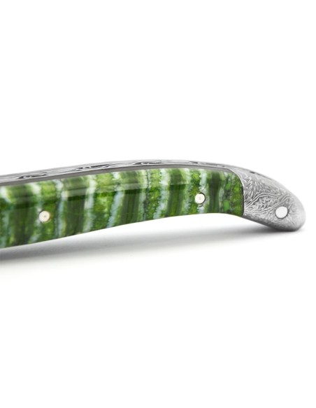 Laguiole pliant 12 cm en molaire de mammouth, mitres damas mosaïque, lame Damas sauvage, abeille et ressort ciselés burin