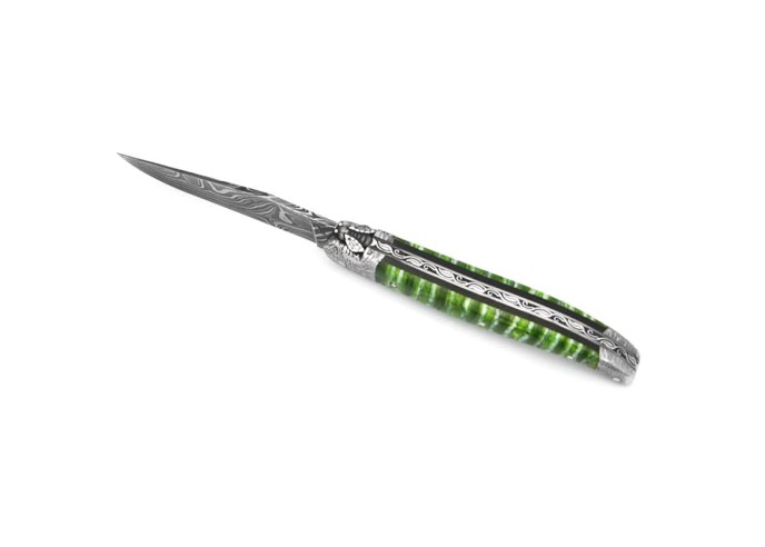 Laguiole pliant 12 cm en molaire de mammouth, mitres damas mosaïque, lame Damas sauvage, abeille et ressort ciselés burin
