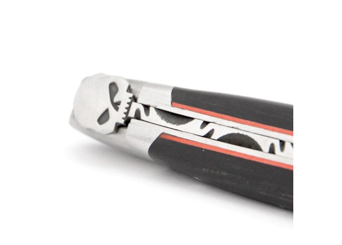 Laguiole knife, 12 cm, skull, ebony handle and red spacer