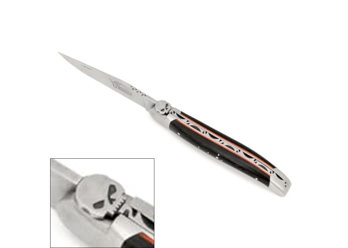Laguiole knife, 12 cm, skull, ebony handle and red spacer