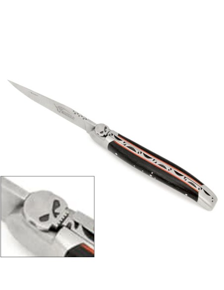 Laguiole knife, 12 cm, skull, ebony handle and red spacer