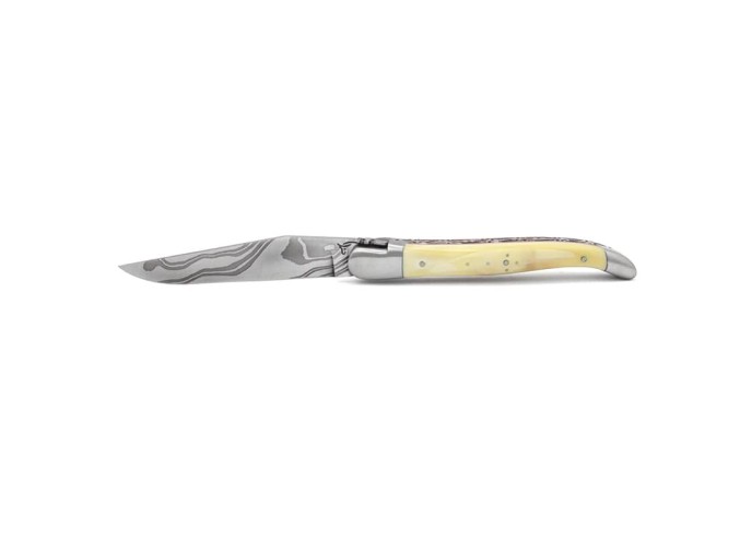 Laguiole pocket knife, 12 cm, forged bee, bovine bone handle with brass bolsters