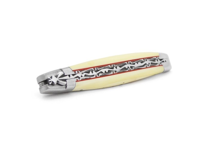 Laguiole pocket knife, 12 cm, forged bee, bovine bone handle with brass bolsters