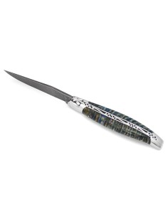 Laguiole 12cm, Damastklinge, Braun-blauer Griff aus Mammutmolar
