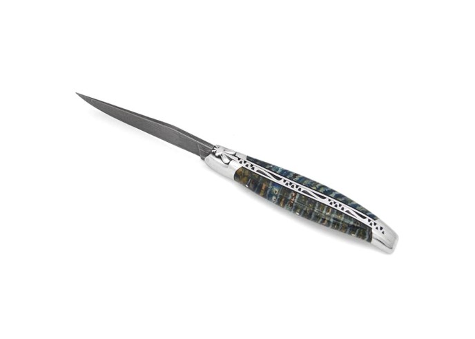 Laguiole 12 cm, lame damas, manche en molaire de mammouth marron-bleu