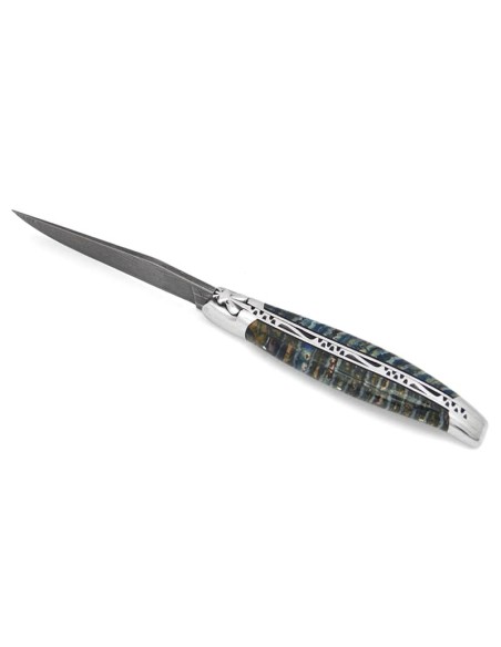 Laguiole 12 cm, lame damas, manche en molaire de mammouth marron-bleu