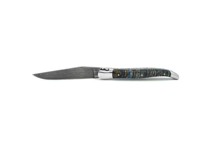 Laguiole 12cm, Damastklinge, Braun-blauer Griff aus Mammutmolar