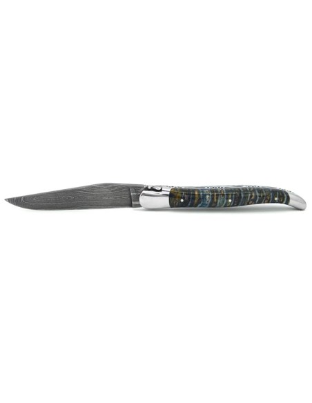 Laguiole 12cm, Damastklinge, Braun-blauer Griff aus Mammutmolar