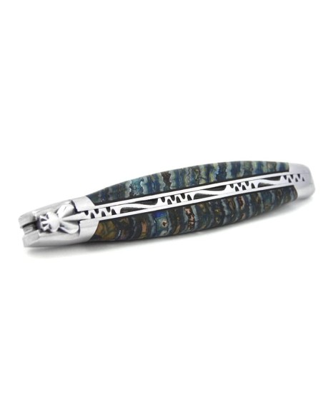 Laguiole 12 cm, lame damas, manche en molaire de mammouth marron-bleu