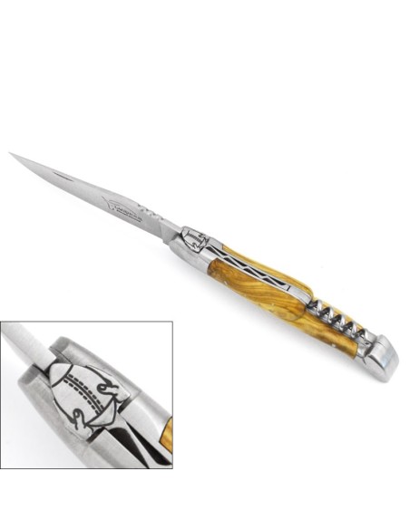 Laguiole knife, 12 cm, rugby ball, olive wood handle