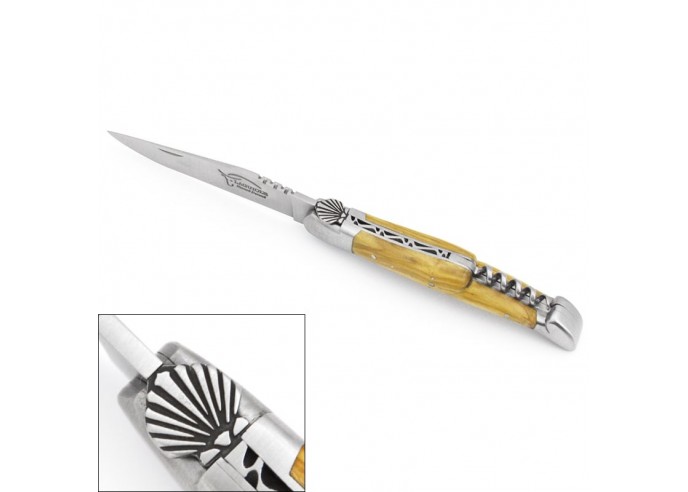 Laguiole pocket knife, 12 cm, Saint Jacques shell, blade and corkscrew, olive wood handle