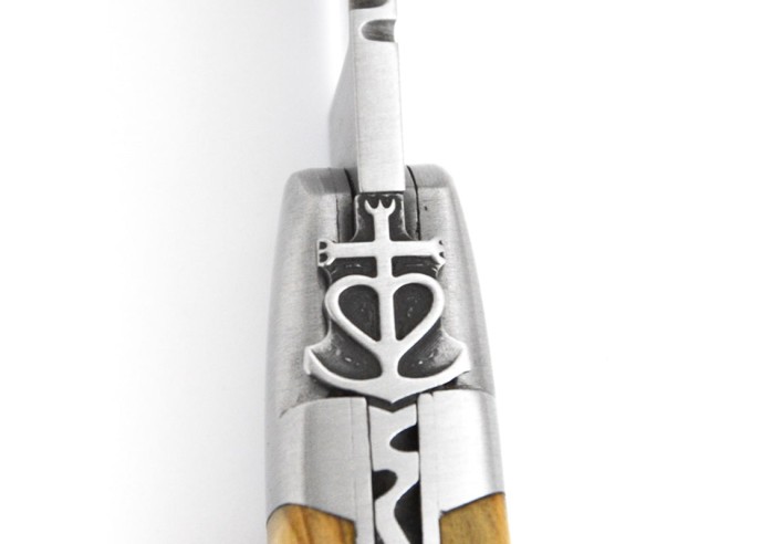 Laguiole knife 12 cm, Carmarguean cross, olivewood with corkscrew