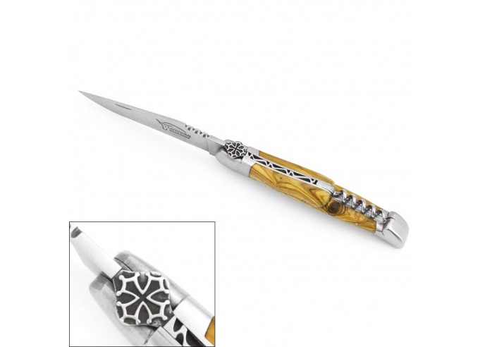 Laguiole pocket knife, 12 cm, Occitan cross, blade and corkscrew, olive wood handle