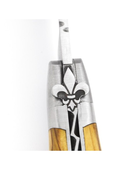 Laguiole 12 cm, fleur de lys, lame et tire-bouchon, manche olivier