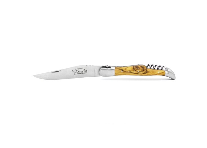 Laguiole knife, 12 cm, fleur de Lis, blade and corkscrew, olivewood