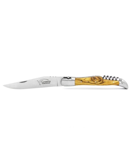 Laguiole knife, 12 cm, fleur de Lis, blade and corkscrew, olivewood
