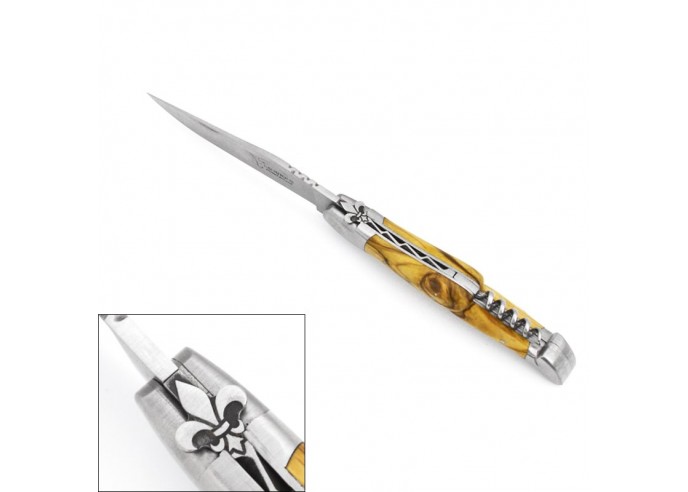 Laguiole pocket knife, 12 cm, fleur de Lis, blade and corkscrew, olive wood handle