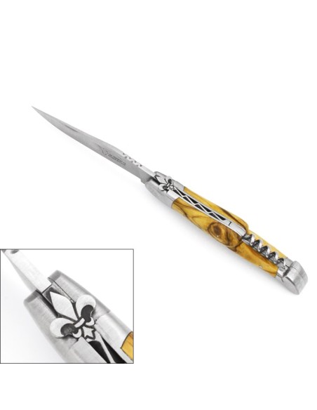 Laguiole 12 cm, fleur de lys, lame et tire-bouchon, manche olivier