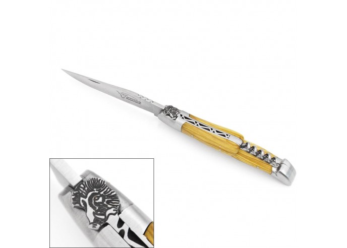 Laguiole pocket knife, 12 cm, boar, blade and corkscrew, olive wood handle