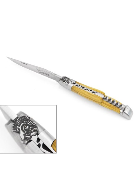 Laguiole 12cm, Eber-Kopf, Klinge und Korkenzieher, Olivenholz