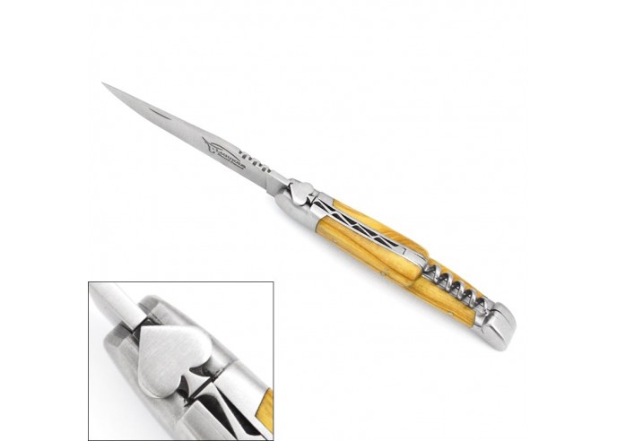 Laguiole pocket knife, 12 cm, ace of spades, blade and corkscrew, olive wood handle